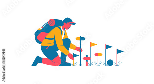 Adventurer Arranging Trail Markers Amidst a Colorful Pathway towards Destinations