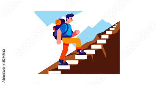 Adventurer Ascends Mountain Steps Towards Reaching The Peak And Adventure Begins