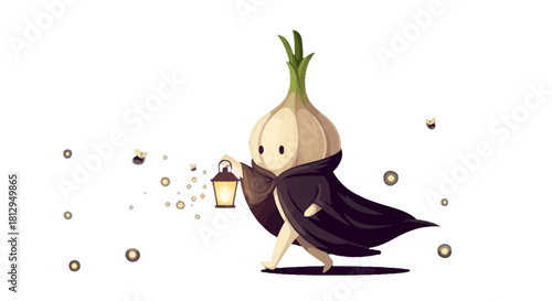 A Whimsical Onion Character Holding a Lantern in a Mystical, Enchanted Black Night Scene