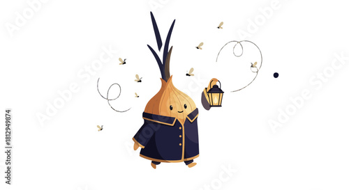 A Whimsical Onion Character Walks With a Lantern, Surrounded by Glowing Fireflies