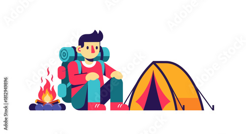 Adventurer Camping Near a Tent and Bonfire, Celebrating Outdoors and Recreation