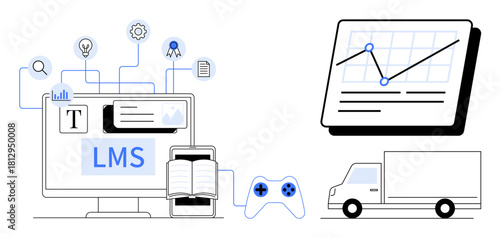 Computer with LMS elements, open book, game controller, analytics chart, and delivery truck. Ideal for learning, education, technology, logistics data analysis productivity interactive tools
