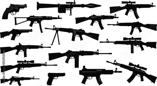 Extensive collection of modern and heavy weaponry silhouettes, including assault rifles, pistols, machine guns, and rocket launchers, perfect for military, 
