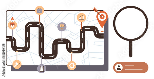 Roadmap across digital map with icons for goals, tasks, and progress markers. Ideal for strategy, planning, goal setting, navigation, career development, process improvement simple flat metaphor