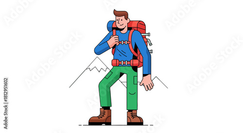 Adventurer Standing Next To Mountains With Backpack In Isolated Black Background
