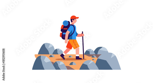 Adventurer Strolling Across Rocky Terrain With A Backpack And Hiking Staff