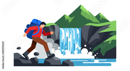 Adventurer Traversing Rocky Terrain Near Waterfall Amidst Verdant Mountain Peaks