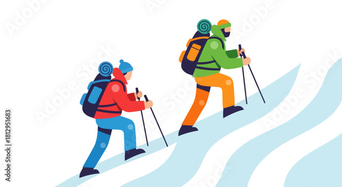Adventurers Ascending a Snow-Covered Slope: Determination and Collaborative Expedition