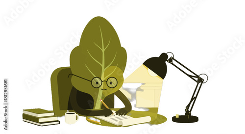 Animated Leaf Character Studies And Writes Under a Bright Lamp in a Comfortable Setting