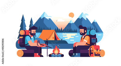 Adventurous Campers Enjoying Nature Under the Mountains and Sun, Around a Campfire