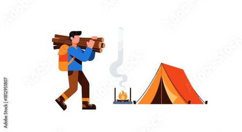 Adventurous Camper Gathering Firewood for a Cozy Campfire Evening Under the Stars