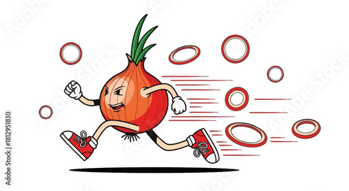 Animated Onion Character Sprinting Through Space with Flying Onion Rings for Fun and Games