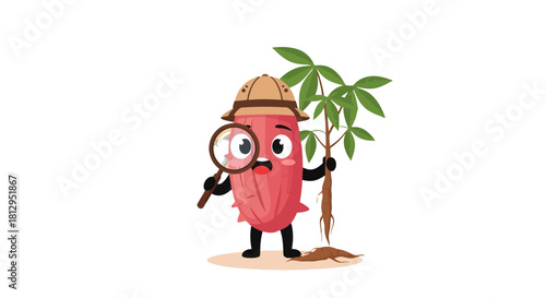 Adventurous Cartoon Character Exploring, Studying A Plant With A Magnifying Glass