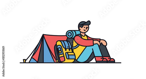 Adventurous Cartoonist Resting by Camp With Backpack and Camping Tent on Black Background