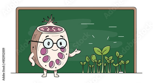 Animated Root Vegetable Professor Teaching Sprout Growth On a Blackboard With Style