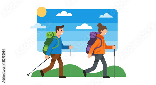 Adventurous Duo Trekking Together Through Picturesque Scenery Under A Sunny Sky