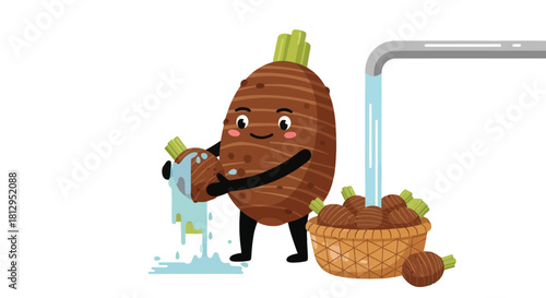 Animated Taro Character Washing and Cleaning Tubers, Funny Illustration, Isolated on Black