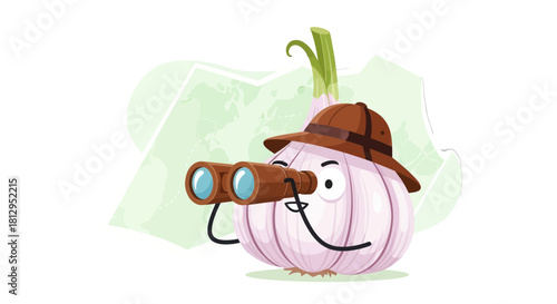 Adventurous Garlic Character Observing Through Binoculars on a Voyage of Discovery for Exploring