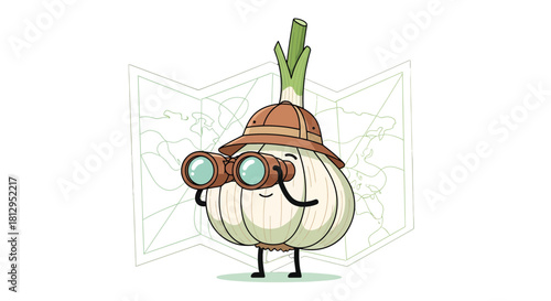 Adventurous Garlic Explorers Searching World Map With Binoculars For Secret Treasure