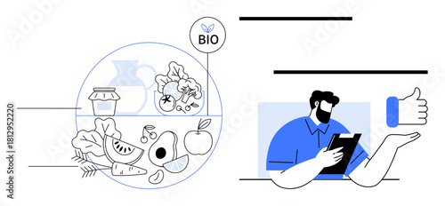 Fresh fruits, vegetables, and jars labeled organic alongside a man with a tablet and thumbs-up sign. Ideal for healthy lifestyle, eco-conscious eating, organic certification, digital approval