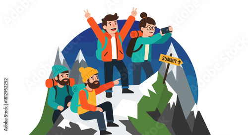 Adventurous Group Celebrates Successfully Reaching The Summit Of A Mountain With Joy