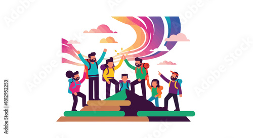 Adventurous Group Achieving Success in Colorful Landscapes Together During a Journey