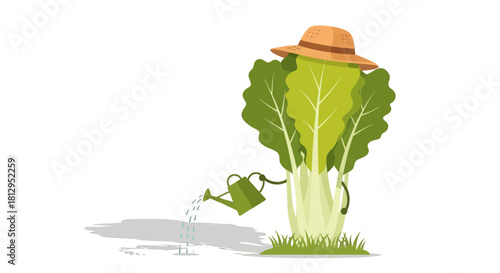 Animated Vegetable Farming Scene Featuring Watering Can and Plant Wearing a Hat