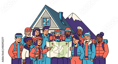 Adventurous Group Hiking Trip Planning with Cabin Map and Mountain View