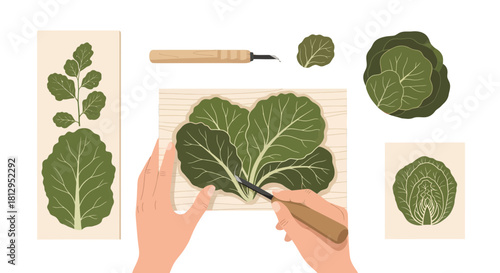 Artisan Crafting Botanical Carvings Depicting Natural Leafy Greenery on Wooden Surface