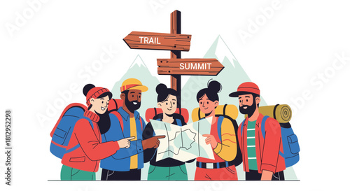Adventurous Group Seeking Trails and Summits Using Map for Hiking Directions Outdoors