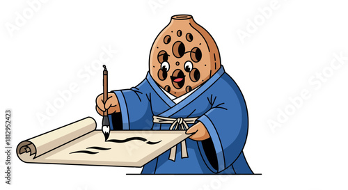 Artistic Cookie In Blue Robes Calligraphy On Parchment Paper Against Black Background