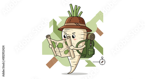 Adventurous Parsnip Character Exploring With Map, Ready For Journey In Forest, Nature