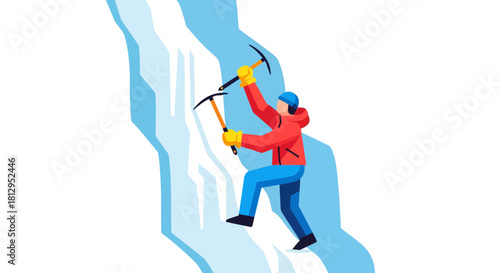 Adventurous Person Climbing Icy Mountain With Ice Axes Against Black Background