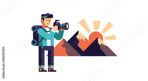 Adventurous Photographer Capturing Majestic Mountain Sunrise in Beautiful, Minimalist Style