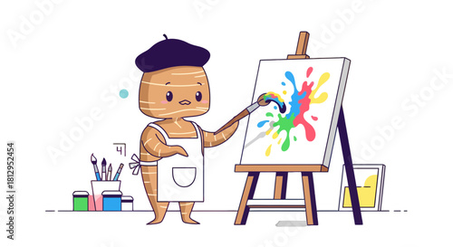 Artistic Creature Depicts Colorful Splashes of Paint on a White Canvas with Artist