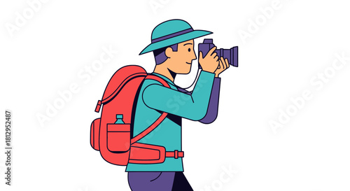 Adventurous Photographer Capturing Moments In Nature With Backpack and Camera