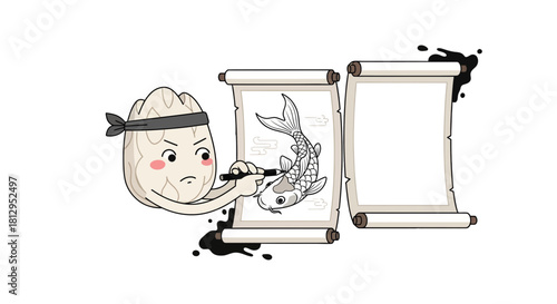 Artistic Figure Drawing Koi Fish Illustration On Traditional Scroll With Black Backdrop