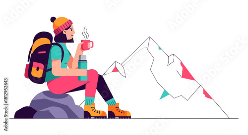Adventurous Traveler Enjoying Mountain Views While Having Warm Beverage in Her Hand