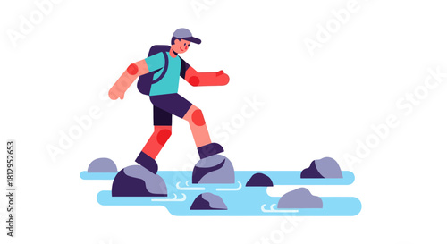 Adventurous Traveler Hiking Across the River, Embracing Nature and Exploring Outdoors