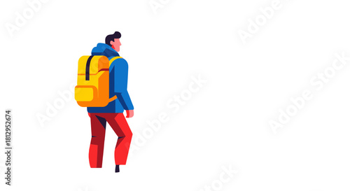 Adventurous Traveler Hiking Towards Horizon With Backpack Over Black Background