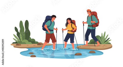 Adventurous Trio Explores Nature's Tranquility While Traversing a Gentle Stream