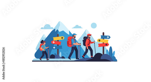 Adventurous Trekkers Hiking Towards Scenic Peaks, Following Directional Signposts