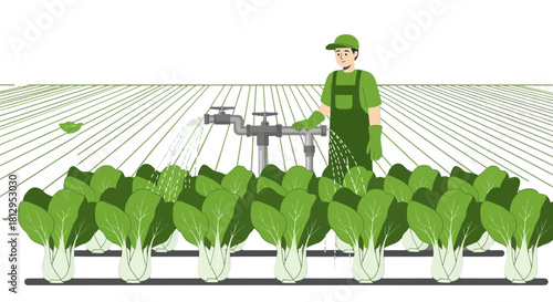 Agricultural Worker Irrigating A Field of Bok Choy Vegetables Under Optimized Farming