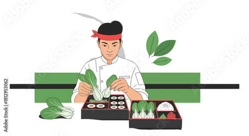 Asian Chef Crafting Exquisite Culinary Creations with Fresh Vegetables and Artistic Presentation