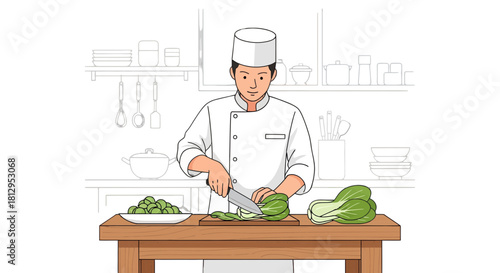 Asian Chef Meticulously Prepares Fresh Vegetables for Culinary Creations in Kitchen