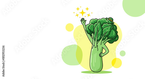 Animated Broccoli Character Reaching for Sparkling Stars Against a Black Background