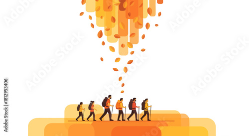 Autumn Journey Illustration: Group Hiking Adventure Under Falling Abstract Leaves