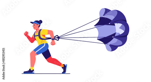 Athlete's Force Exercise Sport With Parachute Against The Black Backdrop