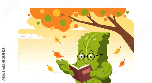 Autumnal Animated Character Reading Amidst Falling Leaves Beneath a Gentle Tree