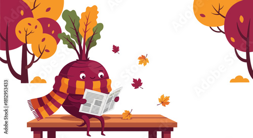 Autumnal Beetroot Character Reading Newspaper On A Park Bench Enjoying The Season